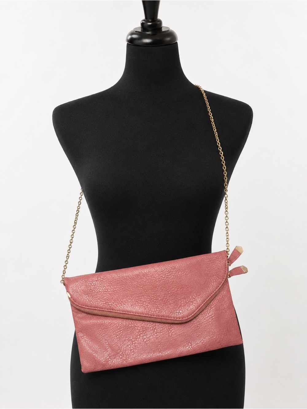 Women's Rose Pink Envelope Crossbody Bag with Gold Chain